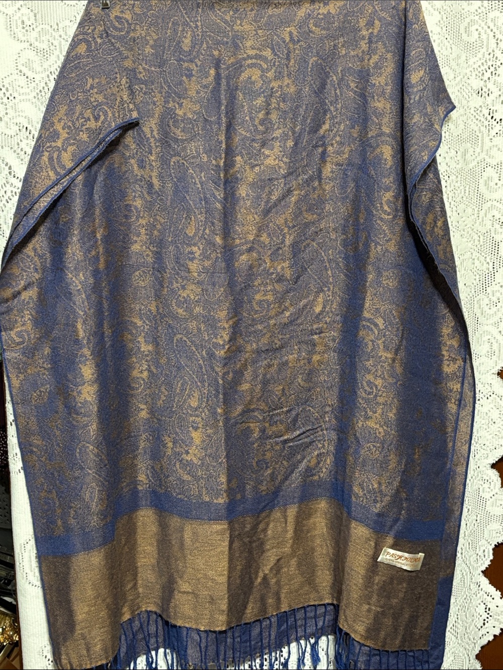 Navy and Gold Paisley Fringe Wrap Scarf